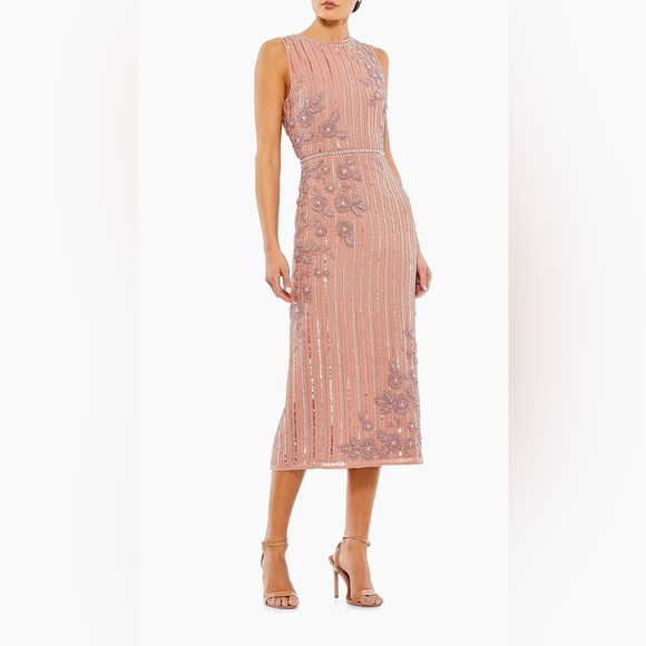 New MAC DUGGAL Pink Striped Floral Embellished Sleeveless Midi Dress - Size 4 - Picture 1 of 7
